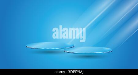 Podio vuoto su sfondo blu con effetti luminosi al neon con decorazioni bokeh. Design di lusso Illustrazione Vettoriale
