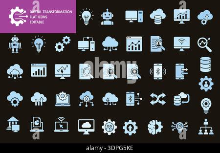 Icone piatte di trasformazione digitale Set vettoriale modificabile, cloud computing, intelligenza artificiale, automazione, analisi dei dati e simboli di rete tecnologica Illustrazione Vettoriale