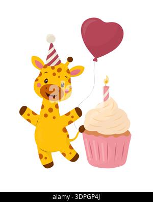Giraffa in un cappello da festa con un palloncino a forma di cuore, un cupcake di compleanno e una candela illuminata. Illustrazione vettoriale.?personaggio animale da safari per bambini per k Illustrazione Vettoriale