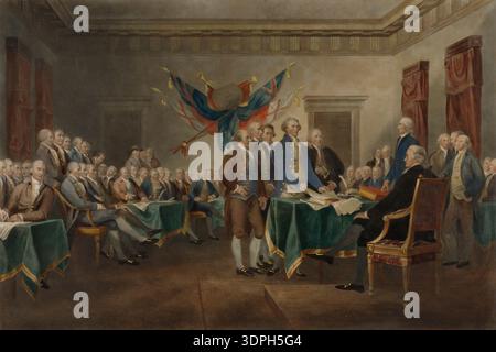 Firma della dichiarazione di indipendenza, artista non identificato, n.d. pittura storica raffigurante membri del Congresso continentale che presentano e firmano la dichiarazione a Philadelphia, 4 luglio 1776. Foto Stock