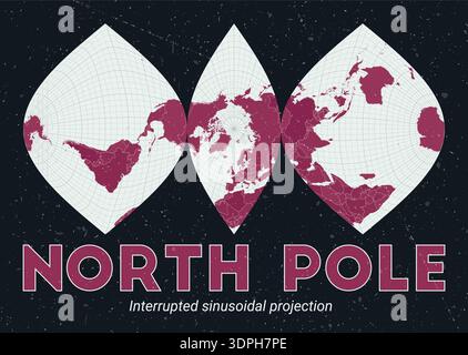 Polo Nord. Mappa del mondo. Proiezione sinusoidale interrotta centrata sul polo nord. Pallido Mint Dark Pink (Rosa scuro). Texture vintage. Illustrazione Vettoriale
