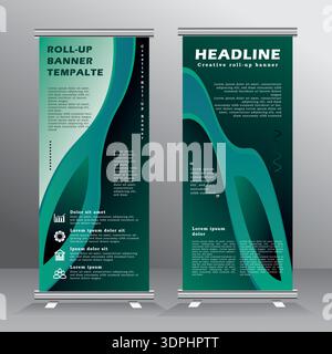 banner roll-up di sfondo astratto per l'evento, modello banner roll-up con sfondo astratto, modello vettoriale di colore blu, Illustrazione Vettoriale