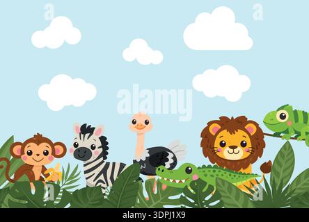 Paesaggio da safari con animali carini. Leone, zebra, coccodrillo, striscione della natura vettoriale dello struzzo Illustrazione Vettoriale