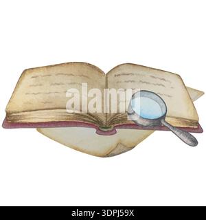 Set di illustrazioni ad acquerello disegnato a mano con libri diversi, libreria in legno piena di libri, pila di libri, rotoli e carta. Illustrazione Vettoriale