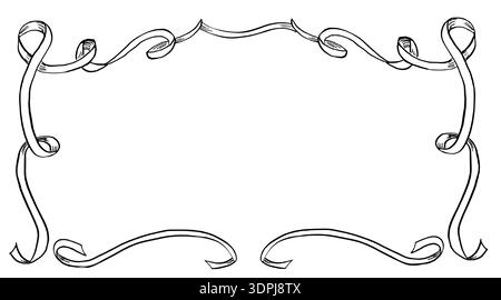 Cartolina rettangolare con nastri con vignettatura. Illustrazione vettoriale in stile schizzo per la progettazione di libri, libri da colorare, interni per bambini, biglietti per le vacanze Illustrazione Vettoriale