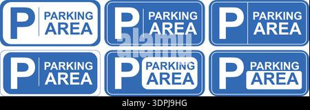 Set di icone dei segnali dell'area di parcheggio - etichette blu dei simboli di parcheggio, cartelli stradali per il parcheggio pubblico, raccolta vettore direzione di trasporto Illustrazione Vettoriale