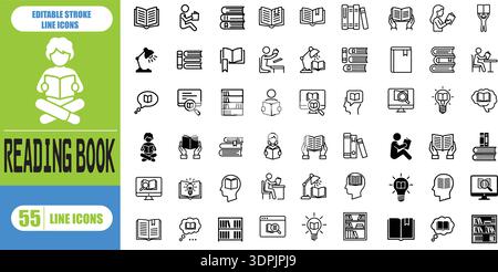 Collezione di libri e icone di lettura in nero per il design didattico Illustrazione Vettoriale