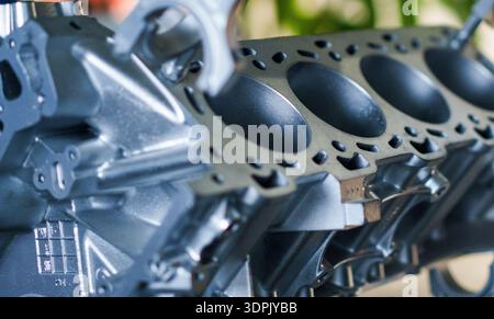 Primo piano della guarnizione della testata del blocco motore per automobili. Componenti in metallo di precisione assemblaggio a combustione interna dettaglio tecnico meccanico officina r Foto Stock