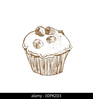 Muffin al mirtillo illustrazione vettoriale disegnata a mano. Schizzo di una pasta dolce. Illustrazione Vettoriale