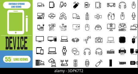 Set di icone della linea di dispositivi e tecnologie. Dispositivi elettronici e gadget, computer, apparecchiature ed elettronica. Monitor per computer, smartphone, tablet Illustrazione Vettoriale