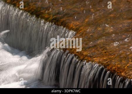 Piccola cascata sopra una roccia con acqua marrone dorata Foto Stock