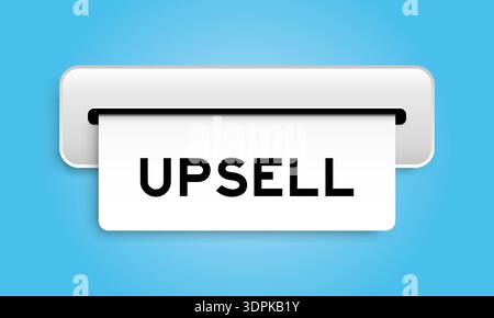 Banner coupon bianco con parola di upsell dalla macchina su sfondo blu Illustrazione Vettoriale