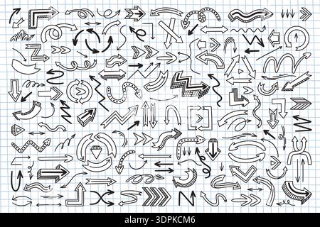 Frecce dei cartoni animati. Set di insegne a colori disegnate a mano, cerchio eccentrico schizzo disegnato a mano o linea nera a matita. Navigazione e movimento, organiz. Presentazione Illustrazione Vettoriale