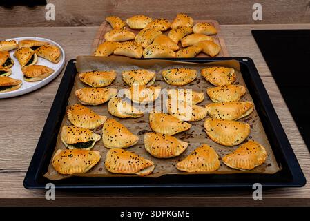 Polpettine dorate appena sfornate con funghi stesi su carta da forno. Foto Stock