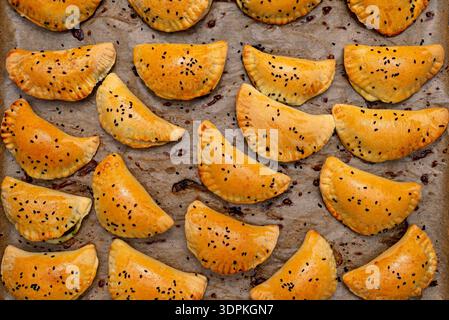 Polpettine dorate appena sfornate con funghi stesi su carta da forno. Foto Stock
