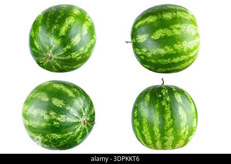 Set di quattro cocomeri interi isolati su sfondo bianco. Il file contiene il percorso di ritaglio. Foto Stock