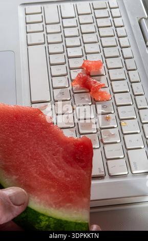 Primo piano dell'anguria versata sulla tastiera di un computer, 2026, Stati Uniti Foto Stock