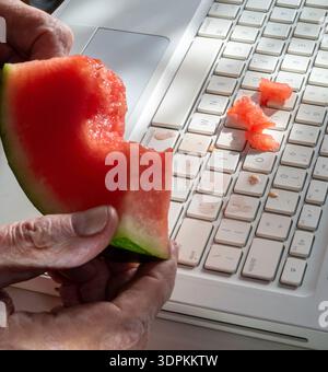 Primo piano dell'anguria versata sulla tastiera di un computer, 2026, Stati Uniti Foto Stock