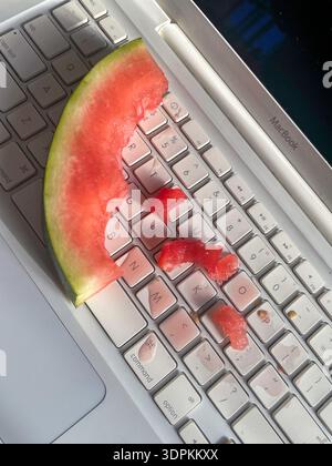 Primo piano dell'anguria versata sulla tastiera di un computer, 2026, Stati Uniti Foto Stock