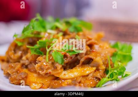 il manzo salato saltato e condito con coriandolo vibrante Foto Stock