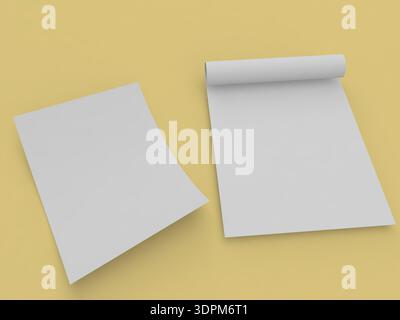 Due fogli di carta bianca vengono posizionati su una superficie gialla. Un foglio è piatto e l'altro è leggermente arrotolato. Questi documenti possono essere usati per scrivere no Foto Stock