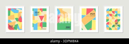 Collezione di poster vettoriali colorati con forme geometriche astratte. Copertine creative in stile moderno. Cartelloni luminosi e alla moda, brochure Illustrazione Vettoriale