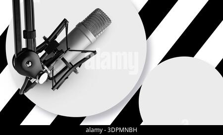 Configurazione podcast con microfono su sfondo bianco e nero per la registrazione di contenuti audio Foto Stock