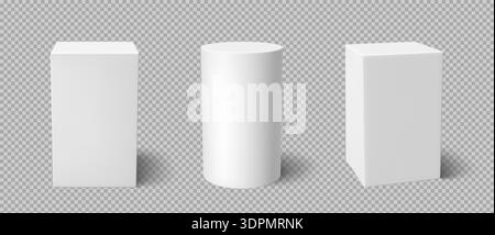 Piattaforma di visualizzazione a podio a colonna 3D bianca con piedistallo geometrico: Cubo realistico e set di mockup a colonna cilindrica. Illustrazione Vettoriale