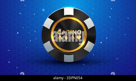 Chip Golden Casino con carte su sfondo esagonale blu brillante. Un simbolo del gioco d'azzardo. Illustrazione vettoriale. Illustrazione Vettoriale