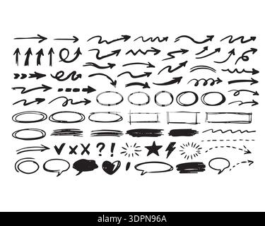 Set di frecce, linee ed elementi Doodle disegnati a mano Illustrazione Vettoriale
