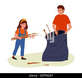 Un uomo con sua figlia che raccoglie vecchi rami. In un grande sacchetto nero. Smaltimento dei rifiuti, pulizia delle aree. Illustrazione vettoriale. Illustrazione Vettoriale