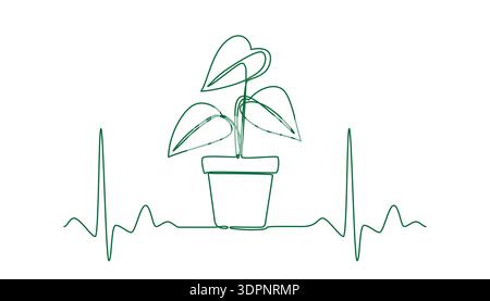 Un disegno continuo della pianta in vaso tra battiti cardiaci. Minimalista Botanical Line Art Illustrazione Vettoriale