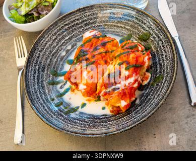 Cannelloni tradizionali italiani farciti con carne macinata cotta in salsa di besciamella, salsa di spinaci decorata. Cannelloni gorgonzola Foto Stock