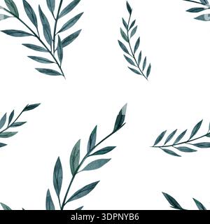 Motivo ad acquerello senza cuciture con ramoscelli verde chiaro su sfondo bianco. Illustrazione botanica, disegnata a mano. Per decorazioni ecocompatibili, stampa su tessuti, imballaggi e carta da parati negli interni Foto Stock