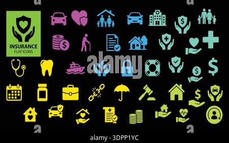 Set di icone assicurazione Flat – raccolta editabile di vettori per la protezione sanitaria, la vita, l'auto, la casa e finanziaria Illustrazione Vettoriale