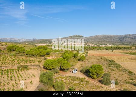 Opoul, Francia - 25 agosto 2021: Una vista aerea mostra i vigneti, i campi coltivati, i pini e un veicolo bianco parcheggiato su un'area sterrata con il villaggio di Opoul e le colline circostanti sullo sfondo. Foto Stock