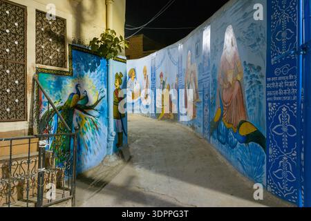 Jodhpur, India - 26 marzo 2022: Un vicolo curvo di notte presenta murali dipinti di blu raffiguranti pavoni, musicisti e donne in abbigliamento tradizionale, con motivi decorativi e testo hindi visibile sulle pareti. Foto Stock