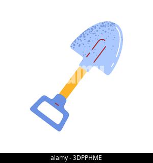 Immagine di una piccola pala da giardino con lama blu e impugnatura gialla. L'oggetto viene mostrato ad angolo su uno sfondo neutro. Il progetto si riprende Illustrazione Vettoriale
