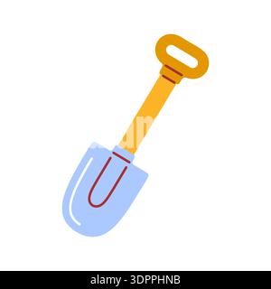 Immagine di una piccola cazzuola da giardino con lama blu e manico giallo. L'oggetto viene mostrato ad angolo su uno sfondo neutro. Il progetto si riprende Illustrazione Vettoriale