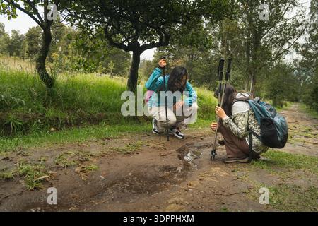 Due donne che ispezionano un sentiero fangoso su un sentiero nella foresta durante un'escursione Foto Stock
