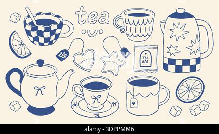 Set di illustrazioni a mano con teiere, tazze, bollitore, bustine di tè, limone e zucchero. Intimo stile artistico minimale, blu mediterraneo perfetto Illustrazione Vettoriale