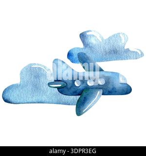 Illustrazione ad acquerello di un aereo blu che vola attraverso il cielo con nuvole soffici, con una rappresentazione stravagante e artistica del viaggio aereo Foto Stock