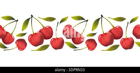 Bordo senza cuciture con ciliegie e foglie verdi. Semplice illustrazione ad acquerello di bacche rosse. Foto Stock