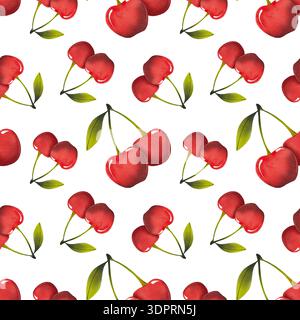 Motivo senza cuciture con ciliegie e foglie verdi. Semplice illustrazione ad acquerello di bacche rosse in uno stile stilizzato infantile per tessuti, tessuti e p Foto Stock