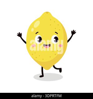 Carino personaggio cartoni animati al limone con faccia felice per il design estivo della limonata Illustrazione Vettoriale