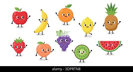 Carini personaggi di frutta cartoni animati con volti divertenti per l'educazione dei bambini Illustrazione Vettoriale