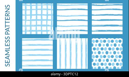 Serie di motivi senza cuciture con linee blu. Pennello a strisce per bambini disegnate a mano e pois di polka, per un tema pastello maschile. Striature astratte di vernice Illustrazione Vettoriale
