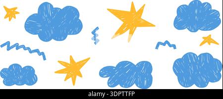Stelle di pastello disegnate a mano, nuvole. Set di elementi doodle vicino al cielo. Nube di scarabeo a forma libera per bambini, zigzag, figure scintillanti. Didascalie promozionali. Vec. Gesso pastello Illustrazione Vettoriale
