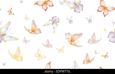 Graziose farfalle in tonalità rosa e viola con un motivo senza cuciture. Illustrazione acquerello. Un insetto fluttuante con ali, isolato su un bianco Foto Stock