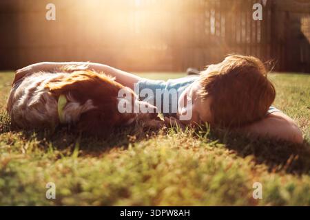 Amore per un ragazzo e il suo cane in Golden Backlight Foto Stock